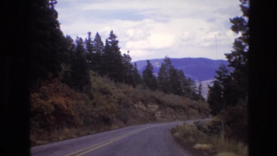 1973 New Mexico 8mm frame looking ahead from a vehicle as a two-lane road bends through pine trees toward distant hills beneath a cloudy sky.