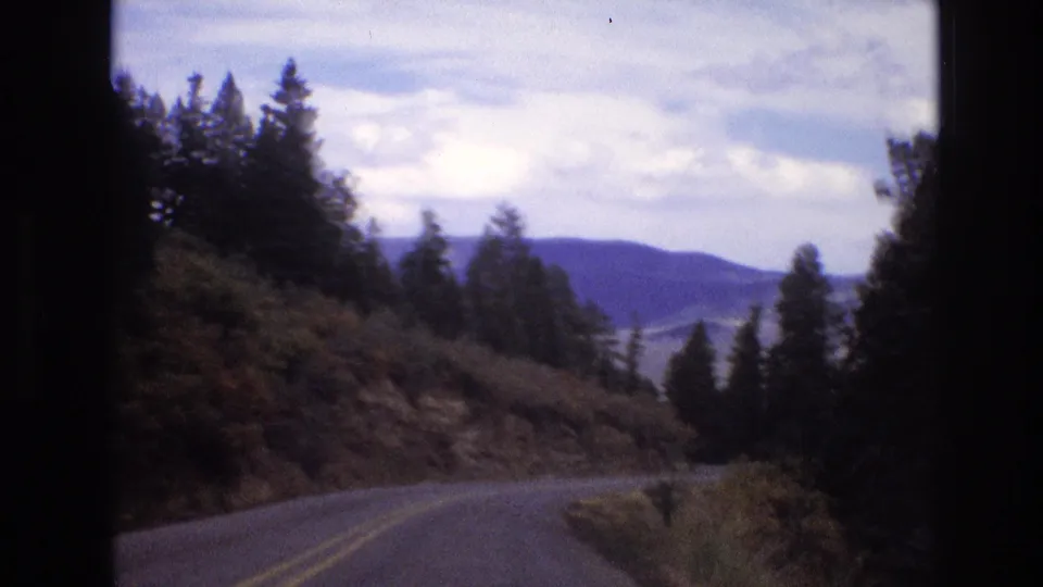 1973 New Mexico 8mm frame showing an in-car view of a winding paved road, wooded shoulders, autumn-toned brush, and distant hills.