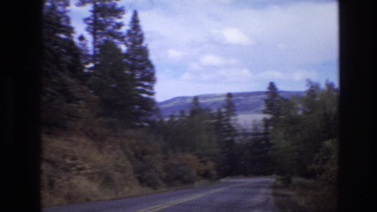 1973 New Mexico 8mm frame showing a winding mountain road bordered by pine and leafy trees, with distant hills and a partly cloudy sky ahead.