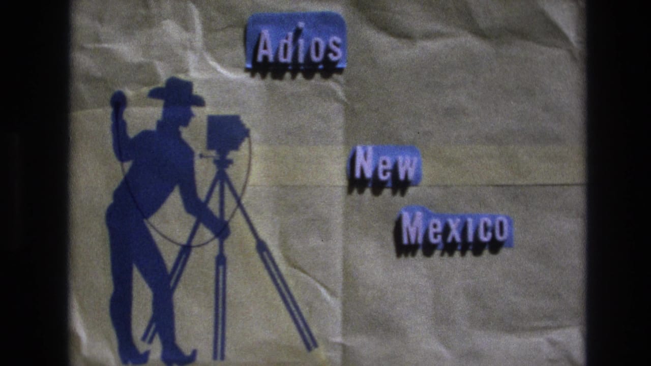 Handmade Adios New Mexico title card with cowboy photographer silhouette and tripod camera.