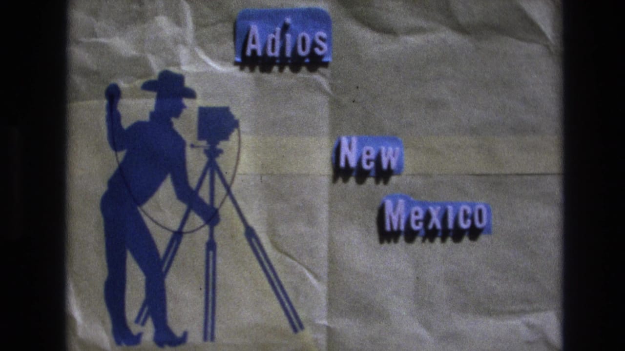 Adios New Mexico title card with blue cowboy photographer silhouette and cut-out lettering.