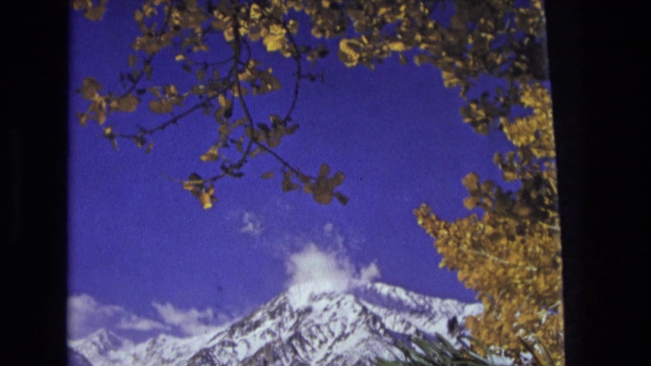 Snowy mountain range with blue sky and yellow foliage along the top and right edges.