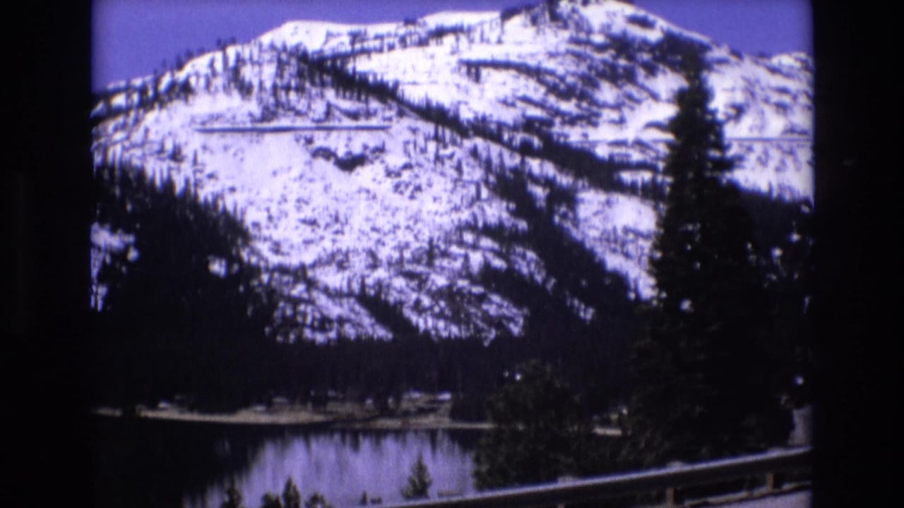 1973 8mm travel frame with a snow-covered mountain, lake, tall evergreen, and dark foreground trees as the camera moves along a road.