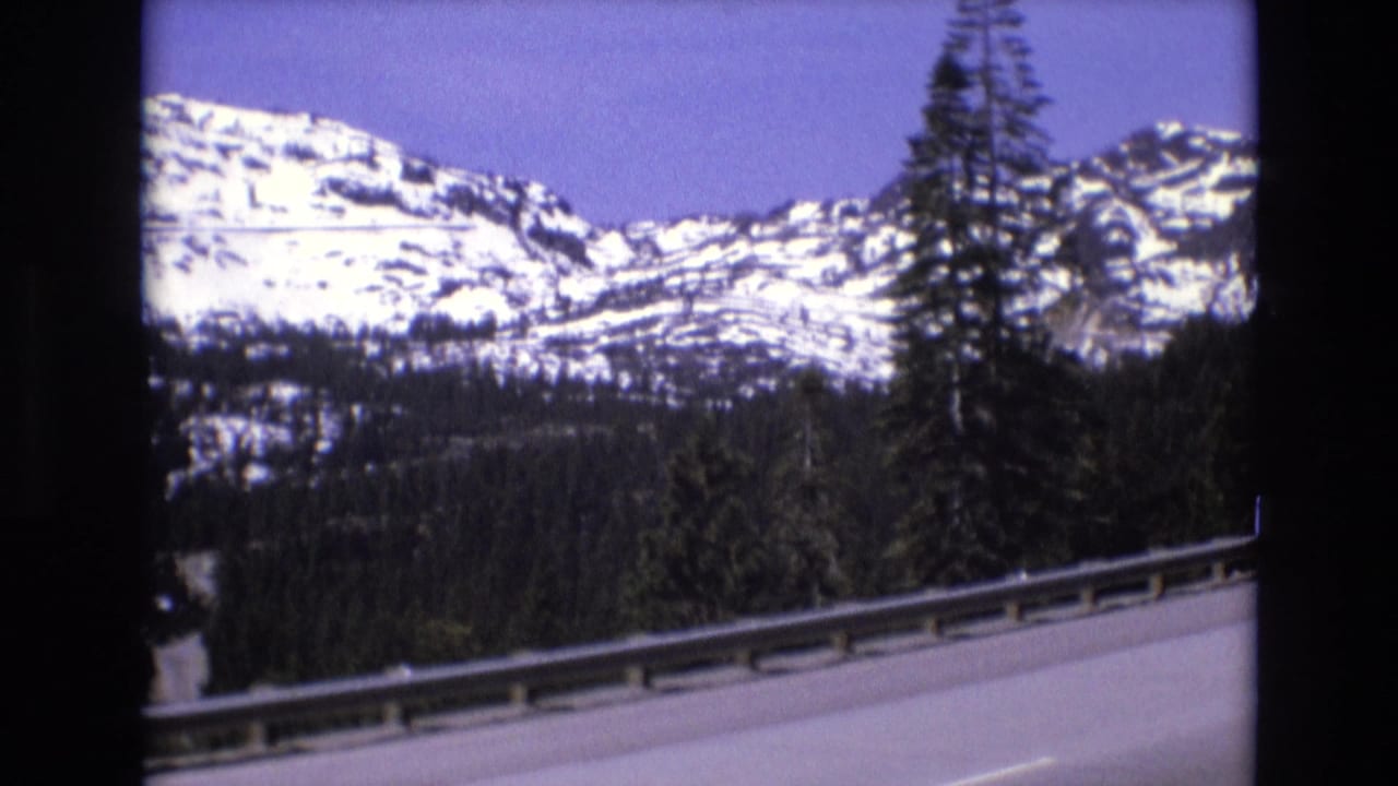 Mountain highway guardrail with snow-covered peaks and tall evergreens.