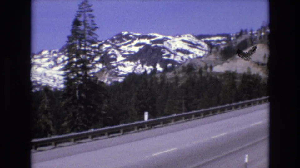 California mountain highway footage frame with an open road, roadside guardrail, evergreen forest, and snow-capped mountains, with a partial vehicle edge at lower right.