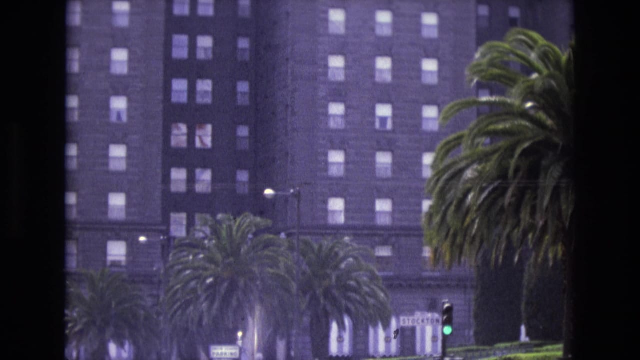 Tall dark building behind palm trees with cars and street signs in the foreground.