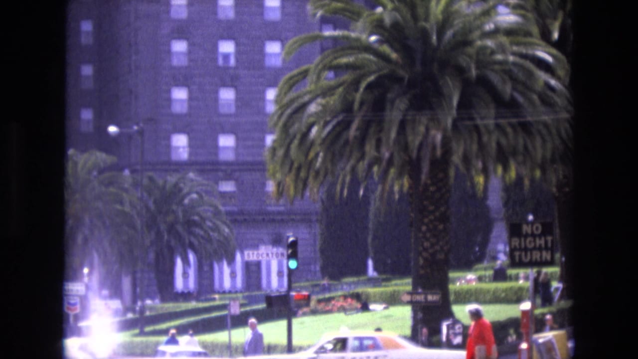 Palm-lined city street with pedestrians, traffic lights, and a yellow taxi near landscaped hedges.