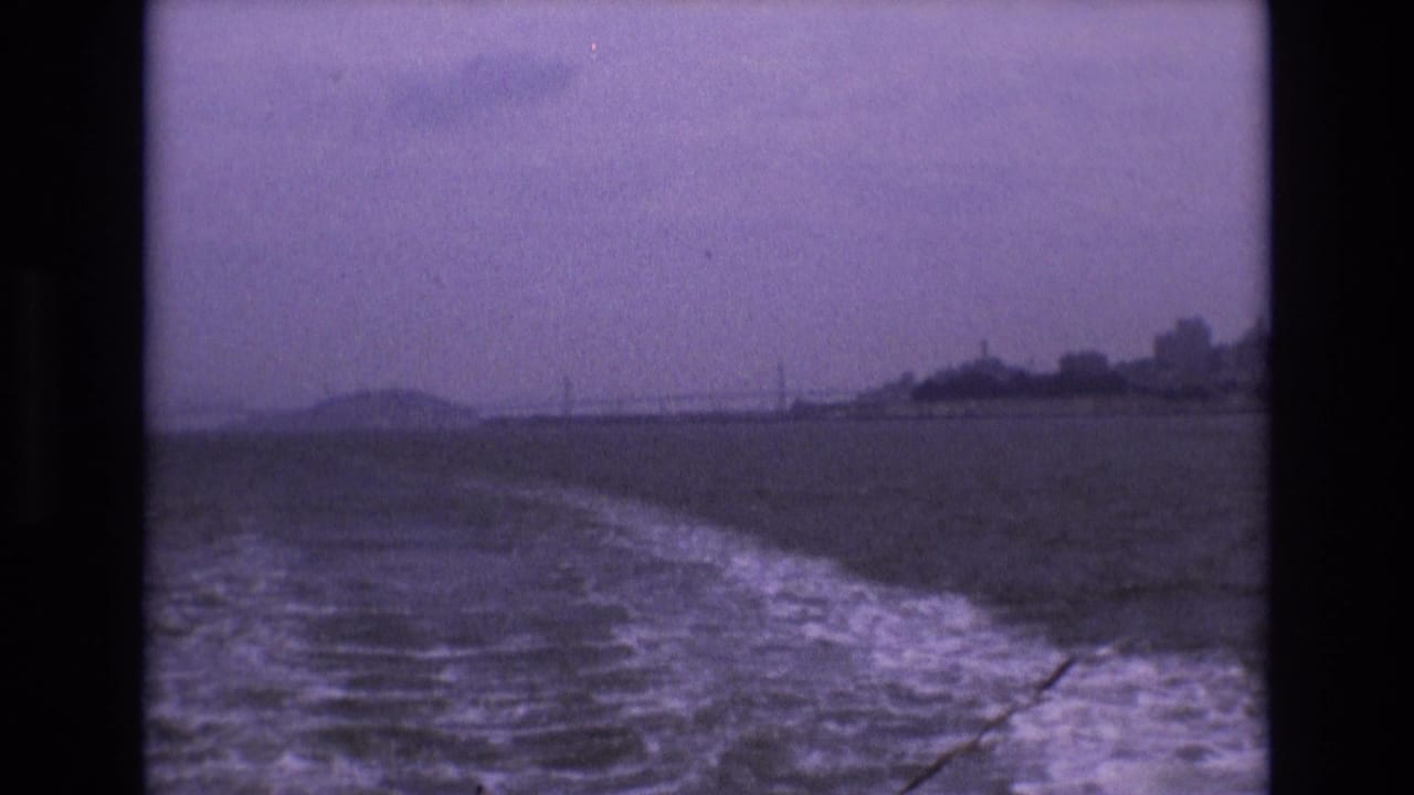 A boat wake trails across open water toward a distant shoreline and skyline.