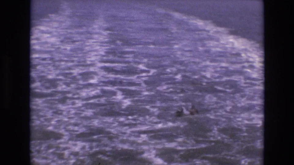 1973 San Francisco 8mm frame looking back across a boat wake toward gulls, bay water, and a soft distant waterfront skyline.
