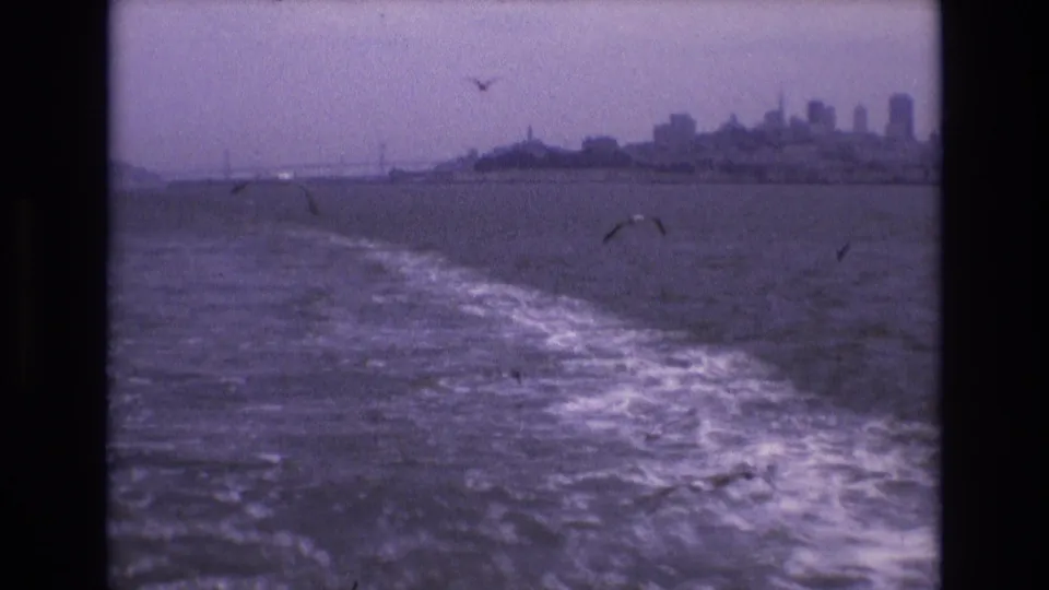1973 visitor-shot 8mm frame from a boat, showing seagulls flying above the wake with San Francisco skyline and bridge visible across the bay.