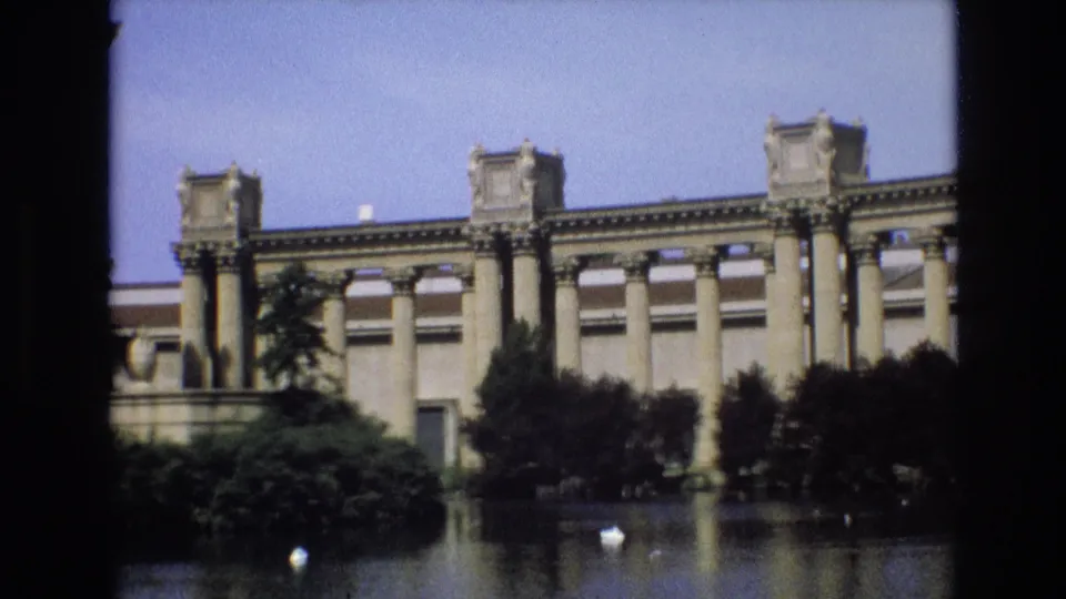 The final frame shows Palace of Fine Arts facade sections, tall columns, dark shrubs, the reflecting pool, and a small white bird in the water.