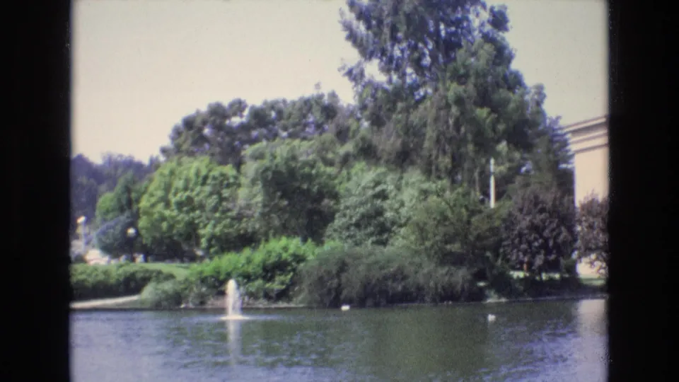 1973 San Francisco 8mm frame emphasizing the pond fountain, dense shrubs, mature trees, and a partial pale building edge at the side of the view.