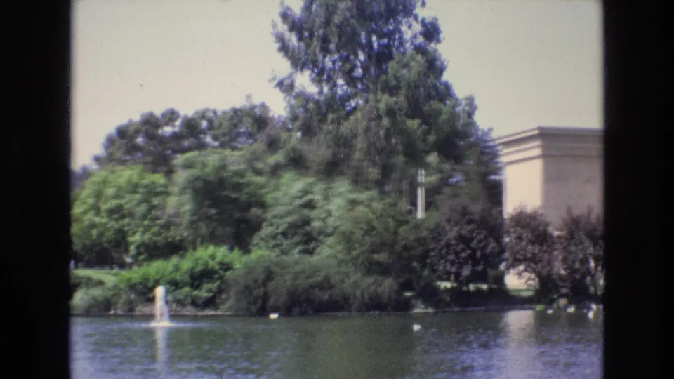 1973 San Francisco 8mm frame showing the fountain centered in the pond, layered shrubs and trees behind it, and a pale building edge entering the right side of the frame.