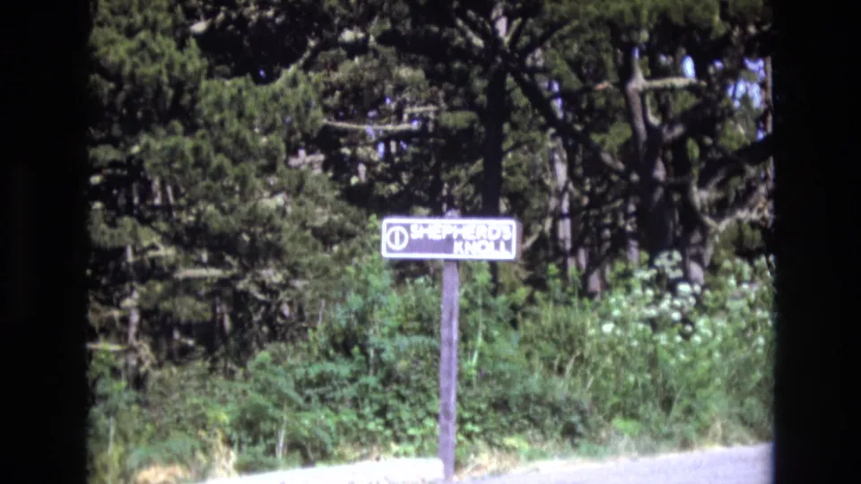 1973 San Francisco 8mm frame showing the Shepherd's Knoll sign on a wooden post against dense trees and roadside vegetation.