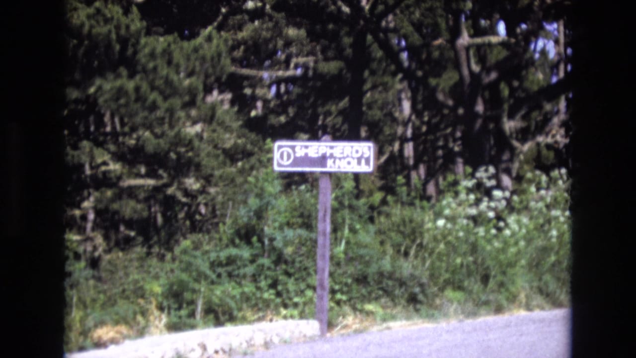 1973 San Francisco 8mm frame showing a white Shepherd's Knoll sign on a wooden post near dense trees, shrubs, and a pale road edge.