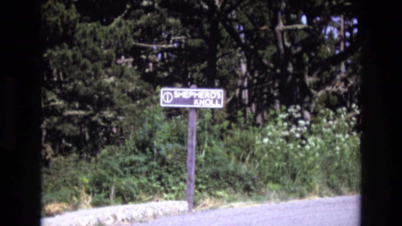 1973 San Francisco-area 8mm frame showing a small wooden Shepherd's Knoll sign on a post near a road shoulder, backed by shrubs and tall trees.