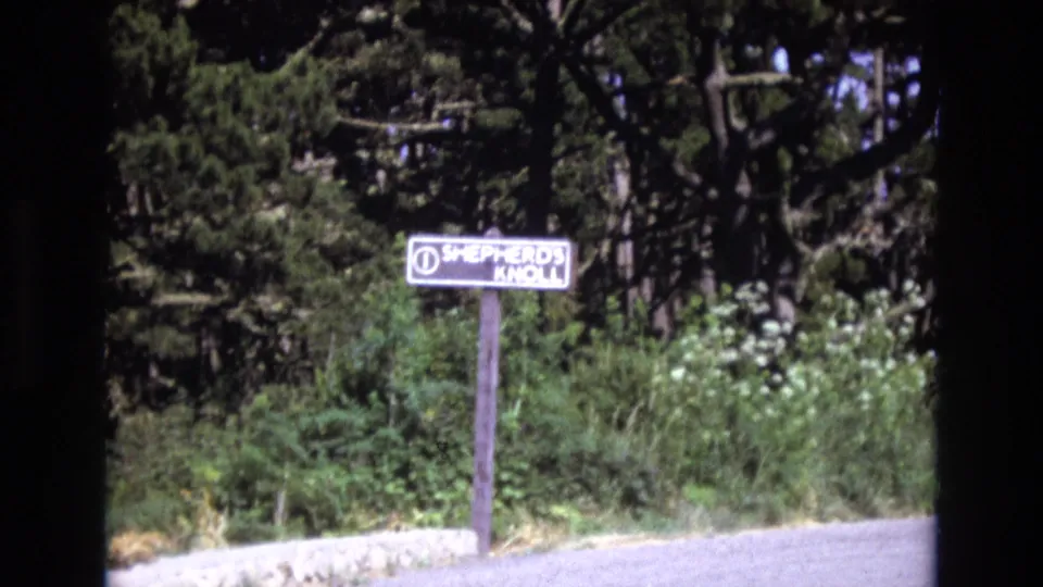 1973 San Francisco 8mm frame showing a white Shepherd's Knoll roadside sign on a wooden post near dense bushes, trees, and the edge of a paved road.