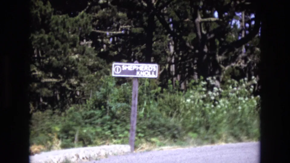 1973 San Francisco 8mm frame of the white Shepherd's Knoll sign beside a paved road, with bushes, wild plants, and dark trees filling the background.