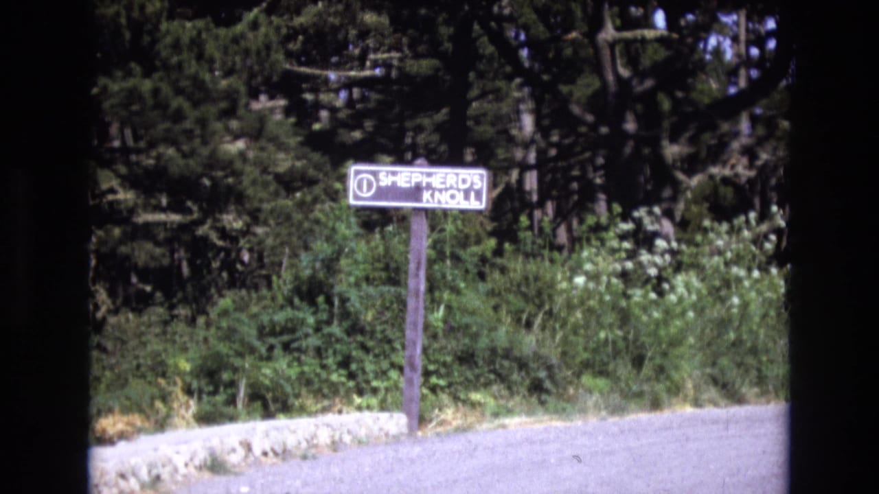 1973 San Francisco 8mm frame with the Shepherd's Knoll sign centered near a roadside path, with shrubs, weeds, and conifer branches filling the background.