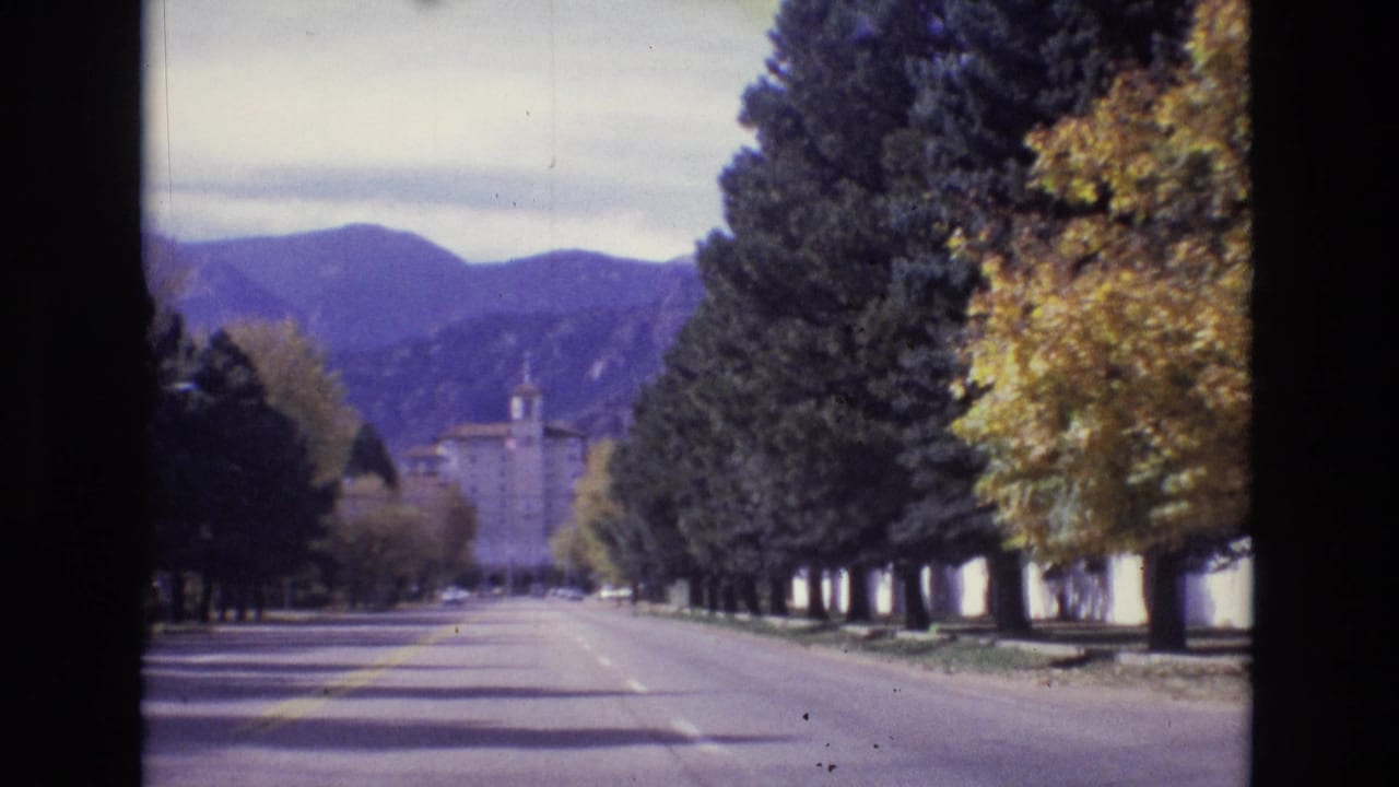 Quiet boulevard framed by trees with a distant building and mountains.