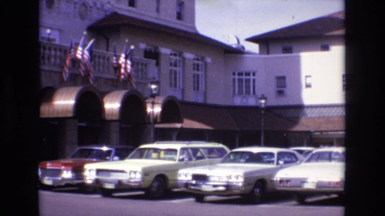 Rows of parked cars line the front of a hotel entrance with flags and arched awnings.