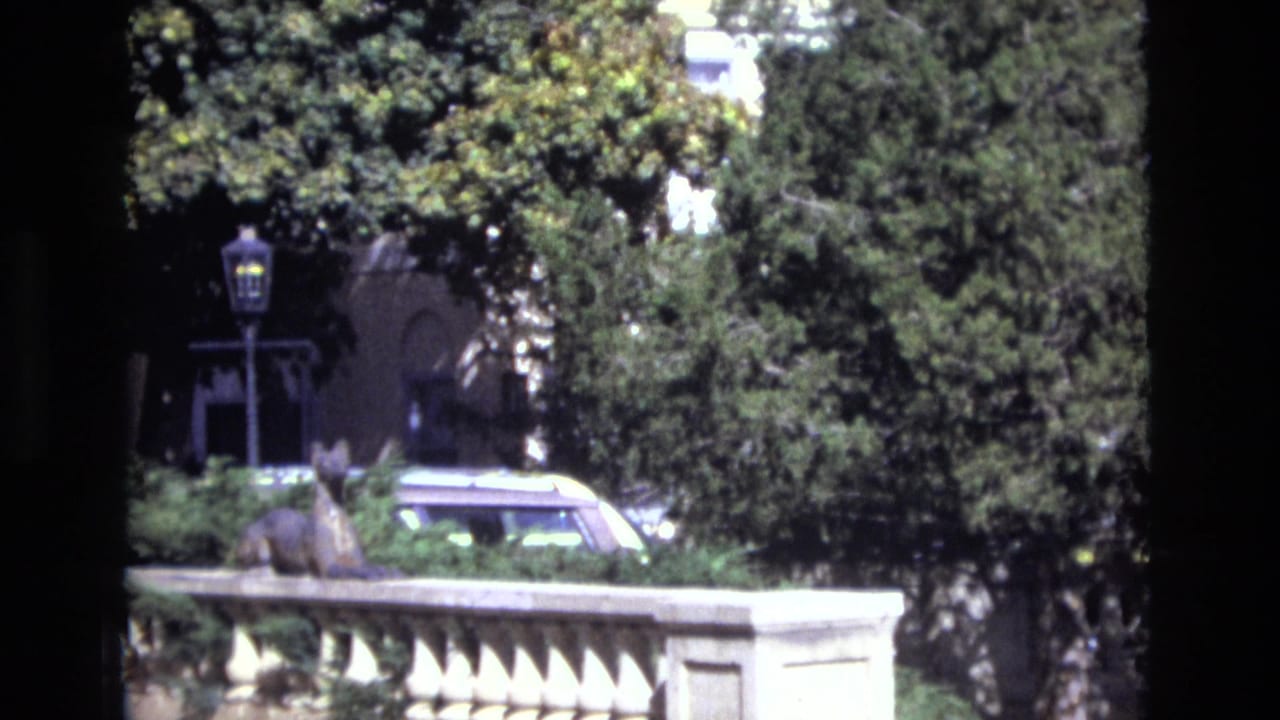 Stone balustrade, trees, and a classic car partly visible behind landscaping.