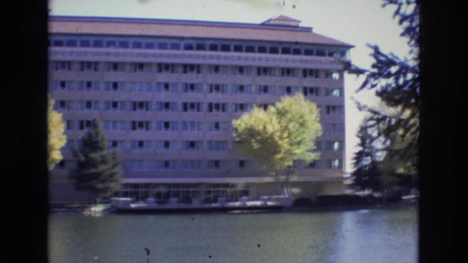 Final frame holds on the Colorado Springs waterfront building, with its repeated window grid, yellow-leaved tree, dark evergreen branches at the edge, and soft 8mm color shift.