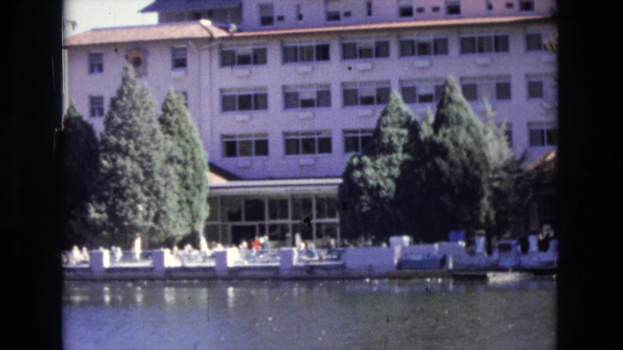 White hotel building behind evergreens and a calm water edge.
