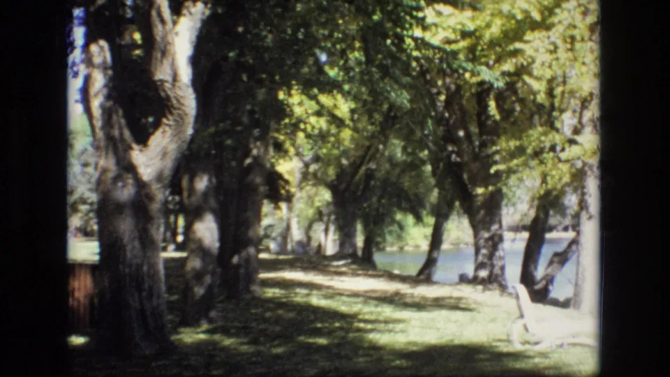 Colorado Springs park footage from 1974 showing large tree trunks, dappled shade, a pond through the trees, and a white lounge chair partly cropped at right.