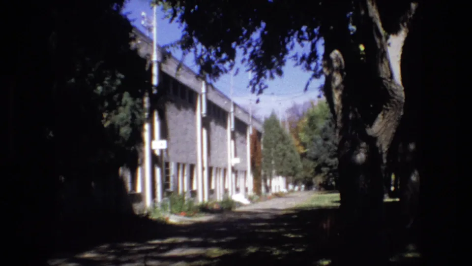 1974 Colorado Springs frame showing a tree trunk in the foreground, a shaded path, lawn, and a long building facade receding into the background.