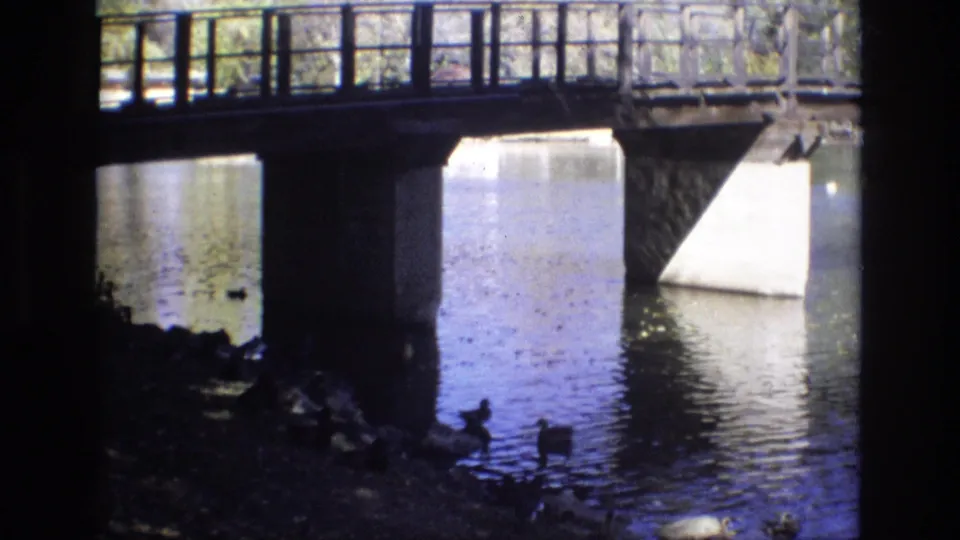 1974 Colorado Springs home-movie frame looking under a bridge at calm water, concrete supports, railings, and ducks near the shaded bank.