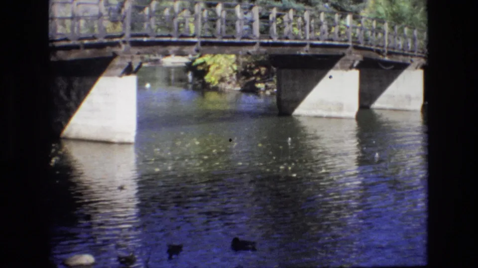 1974 Colorado Springs 8mm frame showing ducks on reflective water under a bridge, with railings, concrete piers, and foliage along the far bank.