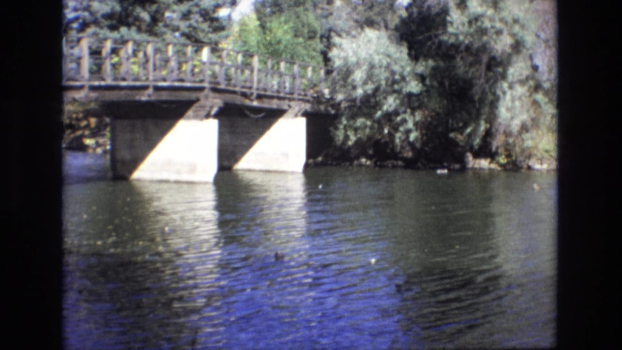 Wooden bridge over rippling water with trees along the bank.