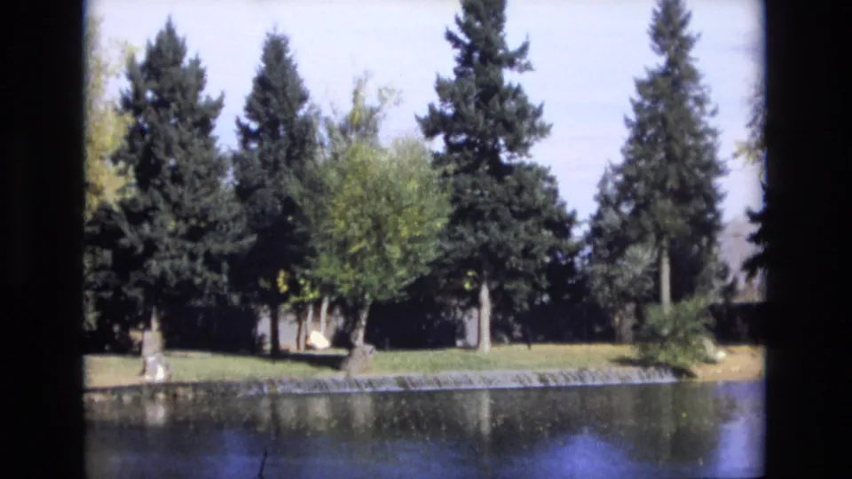 1974 Colorado Springs 8mm frame showing calm water, a neat shoreline, and tall pines or evergreens beyond the grassy bank.