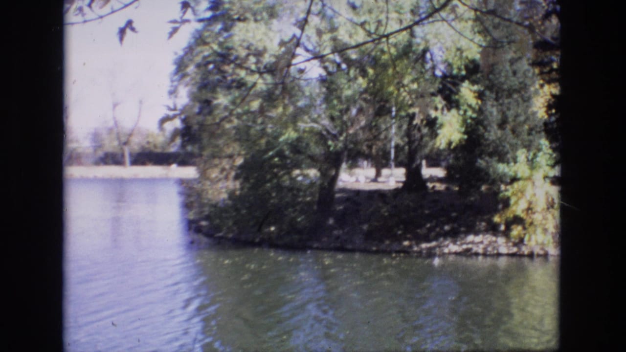 1974 Colorado Springs home-movie frame showing a calm lake, tree-lined shore, and overhanging branches in soft 8mm color.