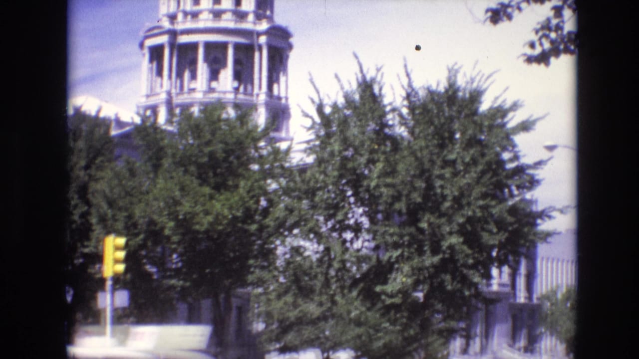 Domed classical building partly hidden by trees beside a city street.