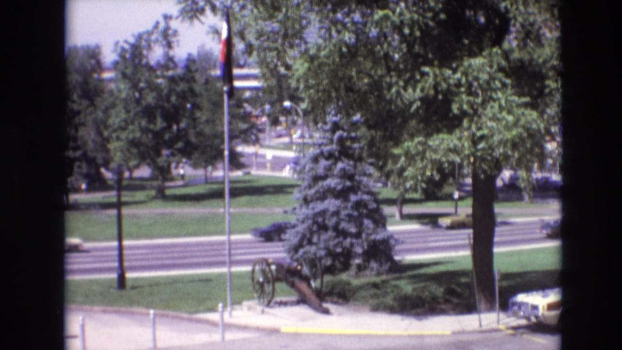 Cars pass a multi-lane road beside a park with trees, a flagpole, and a cannon display.