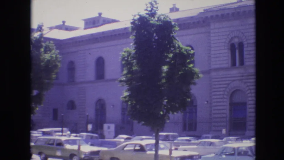 1974 Denver frame showing a mature street tree before a pale stone building, with rows of parked cars and a pedestrian near the curb.