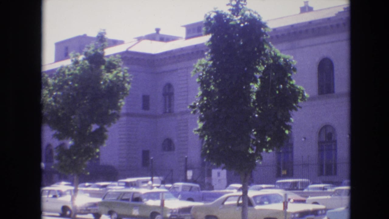Pale arched-window building partly hidden by trees with parked cars below.