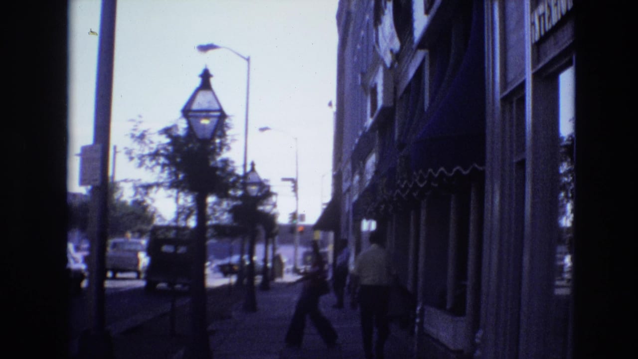 Shaded sidewalk view with pedestrians, storefronts, street lamps, trees, and cars on a bright city street.