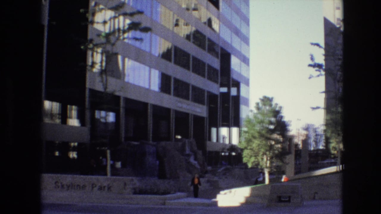 Denver office-building view identified by the wall text as Skyline Park, with a sidewalk, young trees, steps, and a pedestrian near the landscaped edge.
