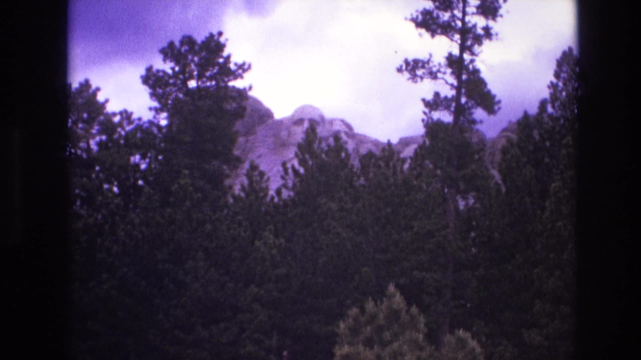 Mount Rushmore appears through tall pine trees under a bright cloudy sky.