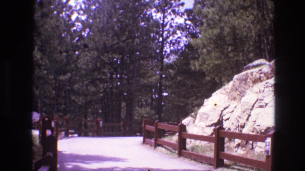 1974 South Dakota park path with wooden fencing, dense pine trees, and a pale rock formation along the edge of the walkway.