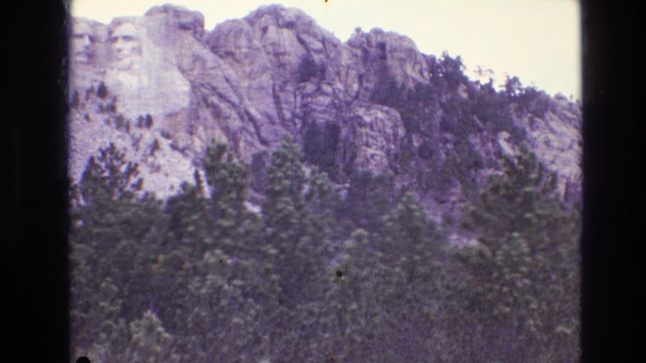 Mount Rushmore carving and rocky hillside seen above dense trees.