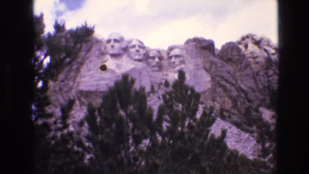 Mount Rushmore carvings behind foreground pine branches with a visible dark dust mark.