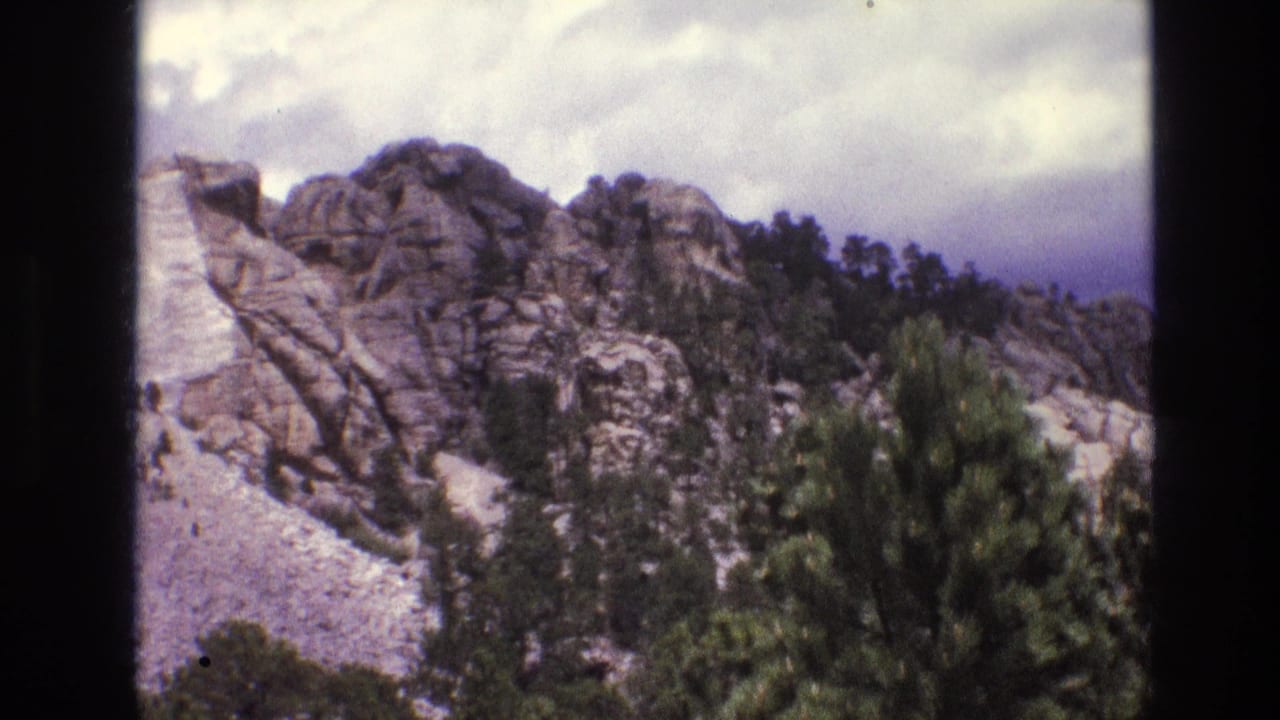 Granite mountain face and pine trees with part of the Mount Rushmore slope at left.