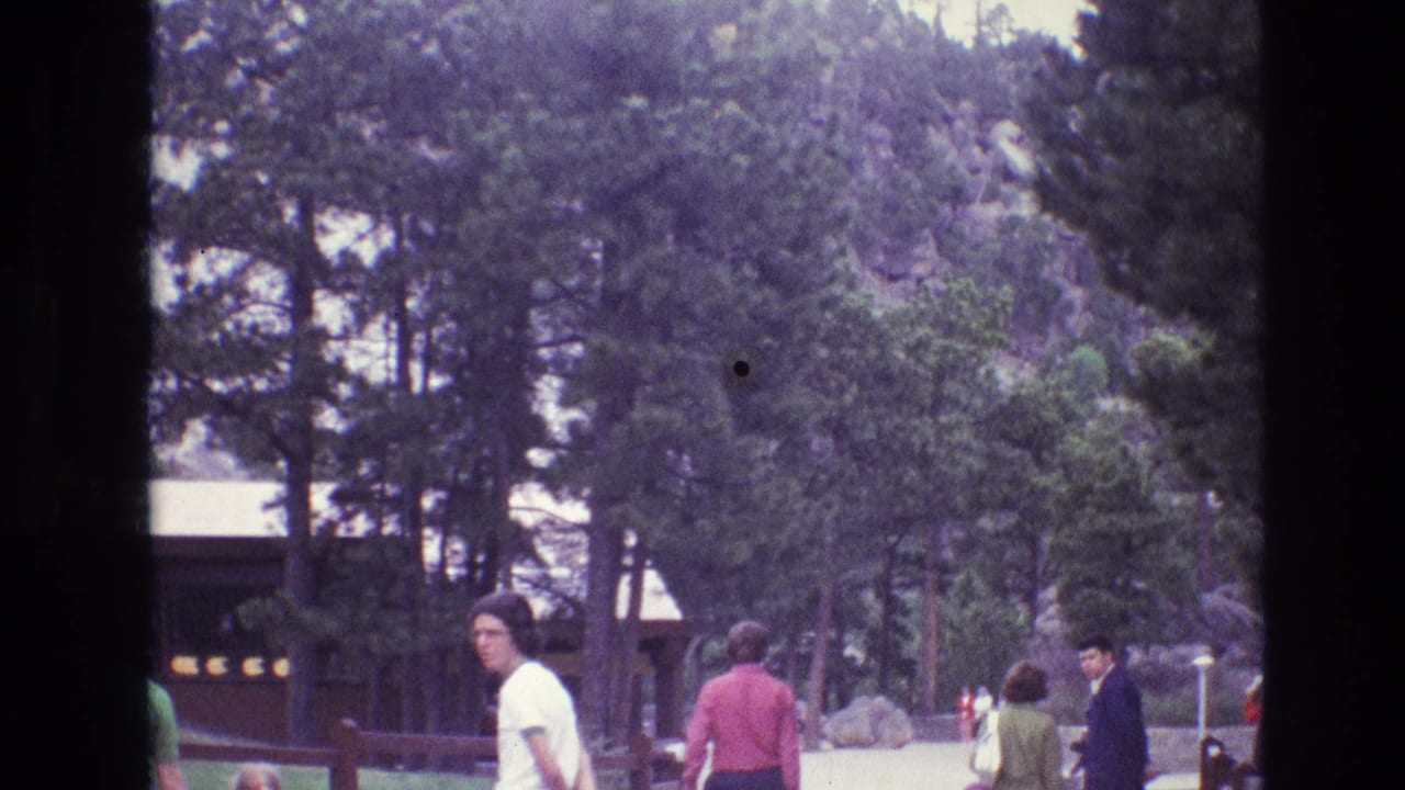 People pass through a wooded visitor area with a low building and pine trees.