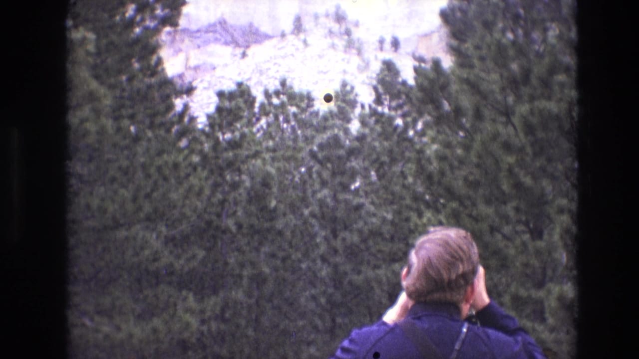 Man seen from behind photographing Mount Rushmore through trees.