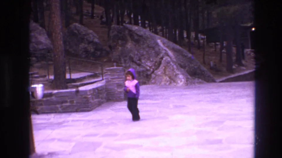A lone visitor stands on a paved area bordered by stone walls, pine trees, and large rocks in the Mount Rushmore tourist setting.