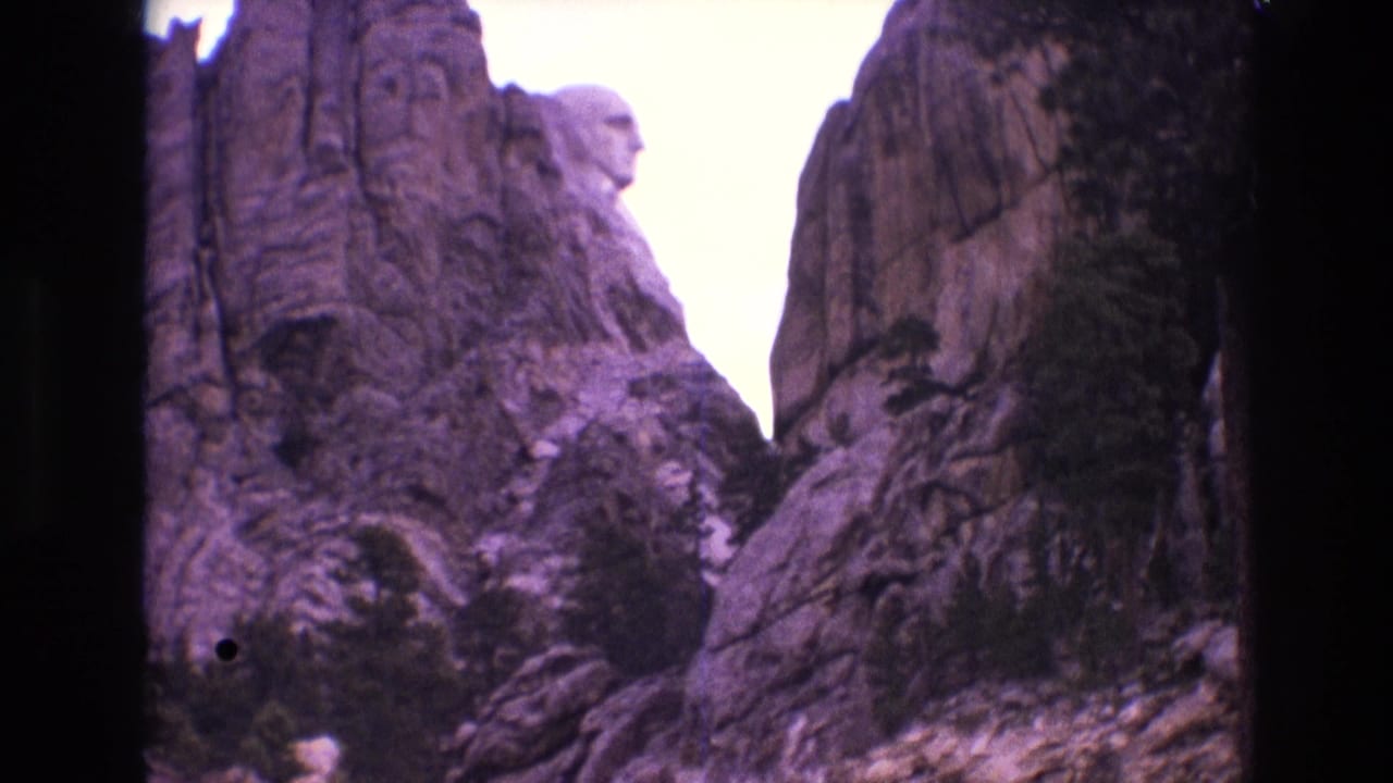 Granite formations and partial Mount Rushmore carving above trees.